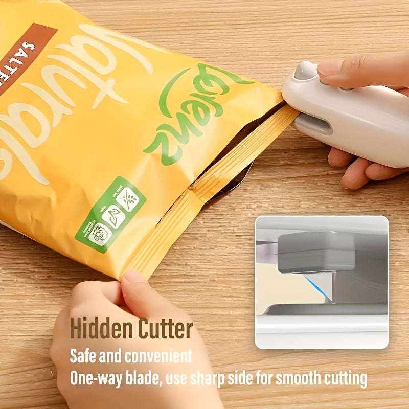 Mini sellador y cortador de bolsas USB compacto y recargable - Sellador de calor magnético portátil para la frescura de los alimentos, perfecto para uso en la oficina, batería de litio de 400-1,44 mAh, blanco, sellado de bolsas de snacks | Dispositivo po