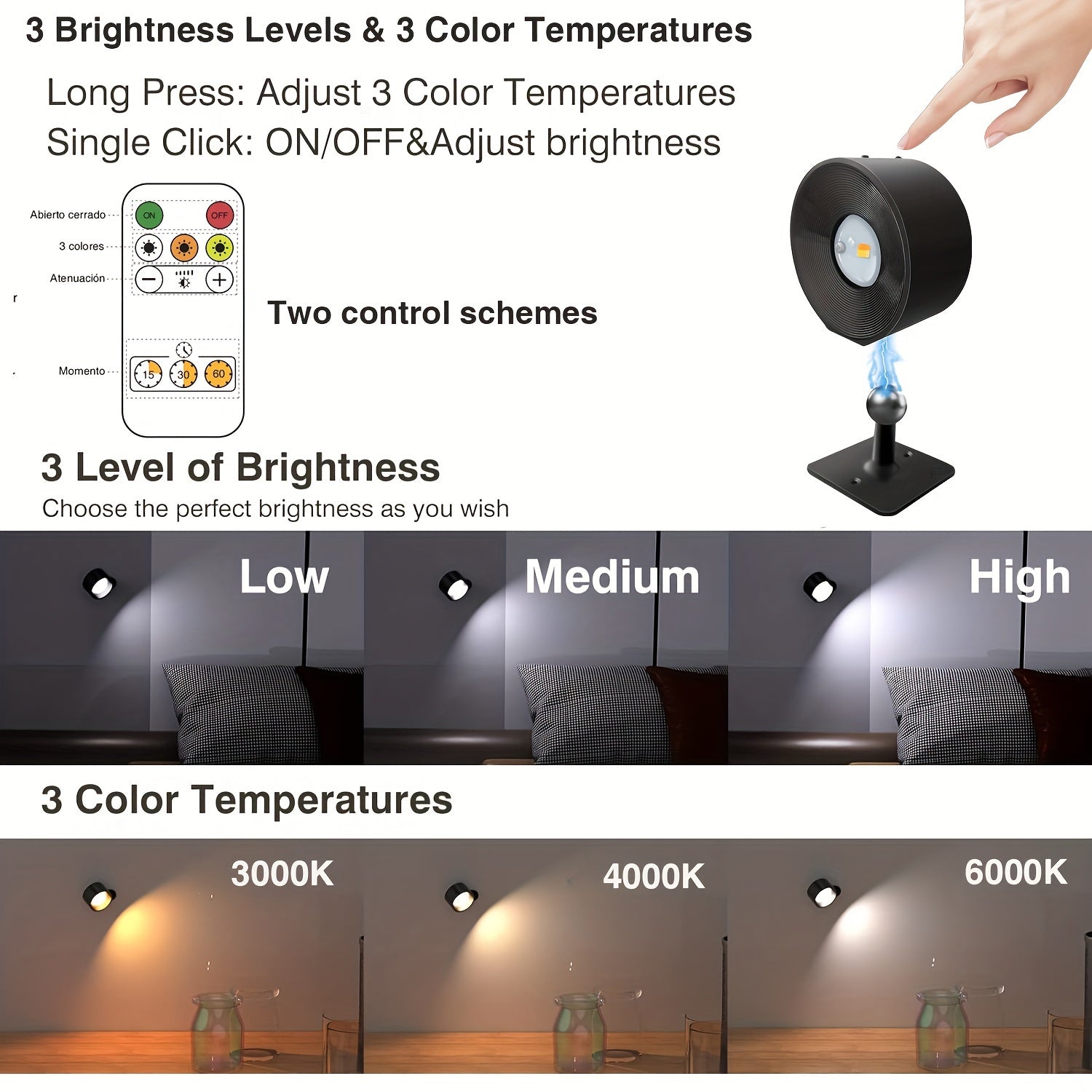 Lámparas de pared LED HBOWMDJIA, lámparas montadas en la pared con batería recargable, 3 niveles de brillo, carga extraíble, rotación de 360°, bola magnética, luz de pared inalámbrica para leer, estudiar, dormitorio, pasillo, luz LED.