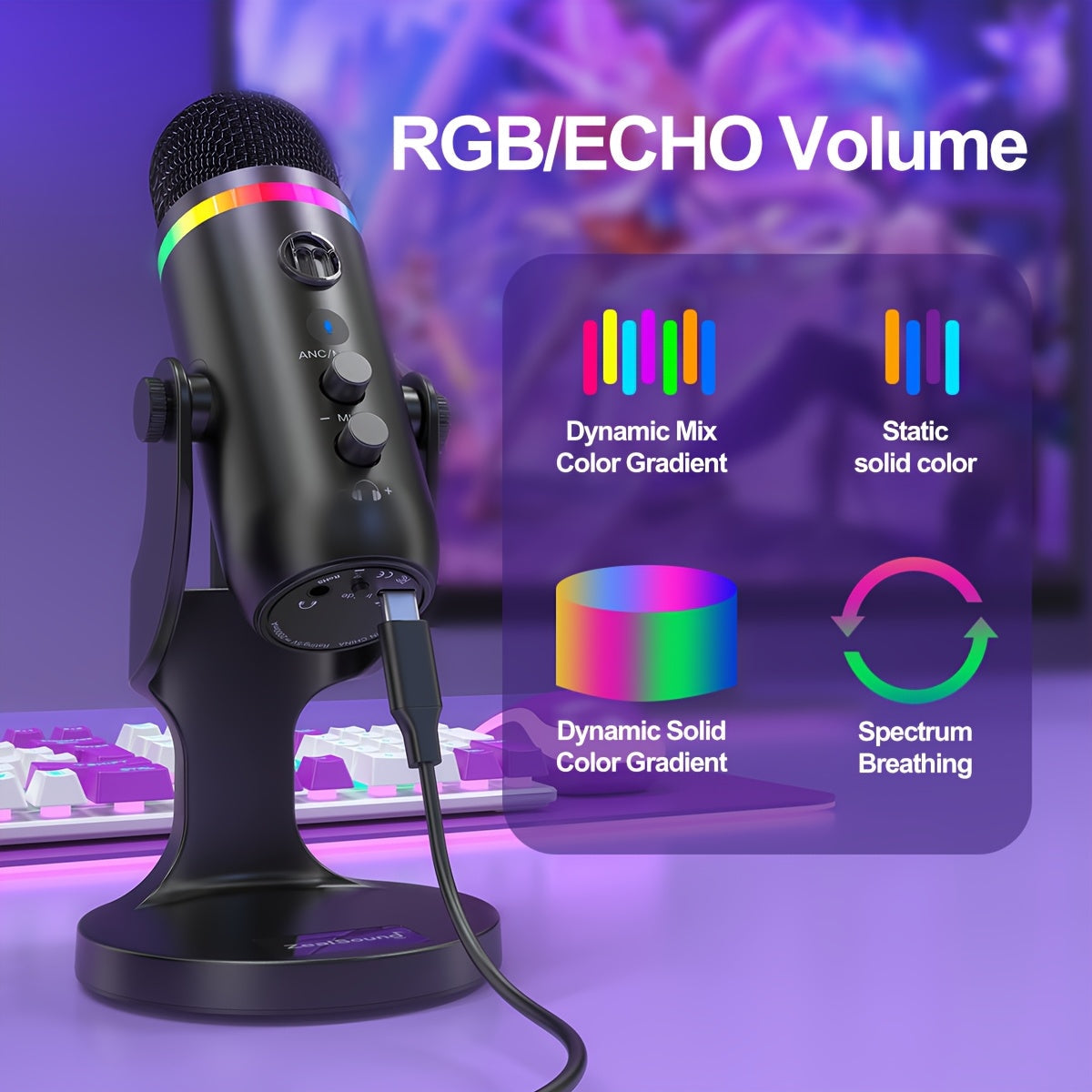 Micrófono USB ZealSound para PC/Mac/Windows/telefonos Type-C, micrófono de condensador con cancelación de ruido, silencio táctil, ganancia, eco, monitoreo, luz RGB para transmisión, podcast, Twitch, Discord, computadora, PS4, PS5, Mac, Gamer Wave