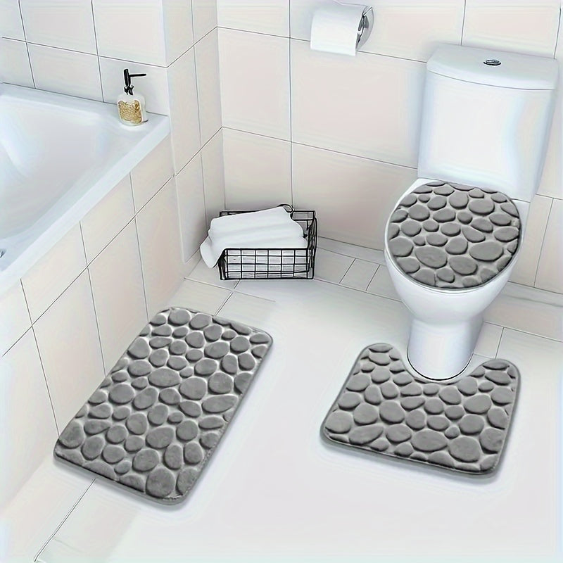 Juego de 3 piezas de alfombra de baño con patrón geométrico, coral de memoria de espuma de fleece, tejido de punto antideslizante con contorno en U para inodoro, rápido secado, suave, hecho a máquina de poliéster - Accesorios de baño universales para día