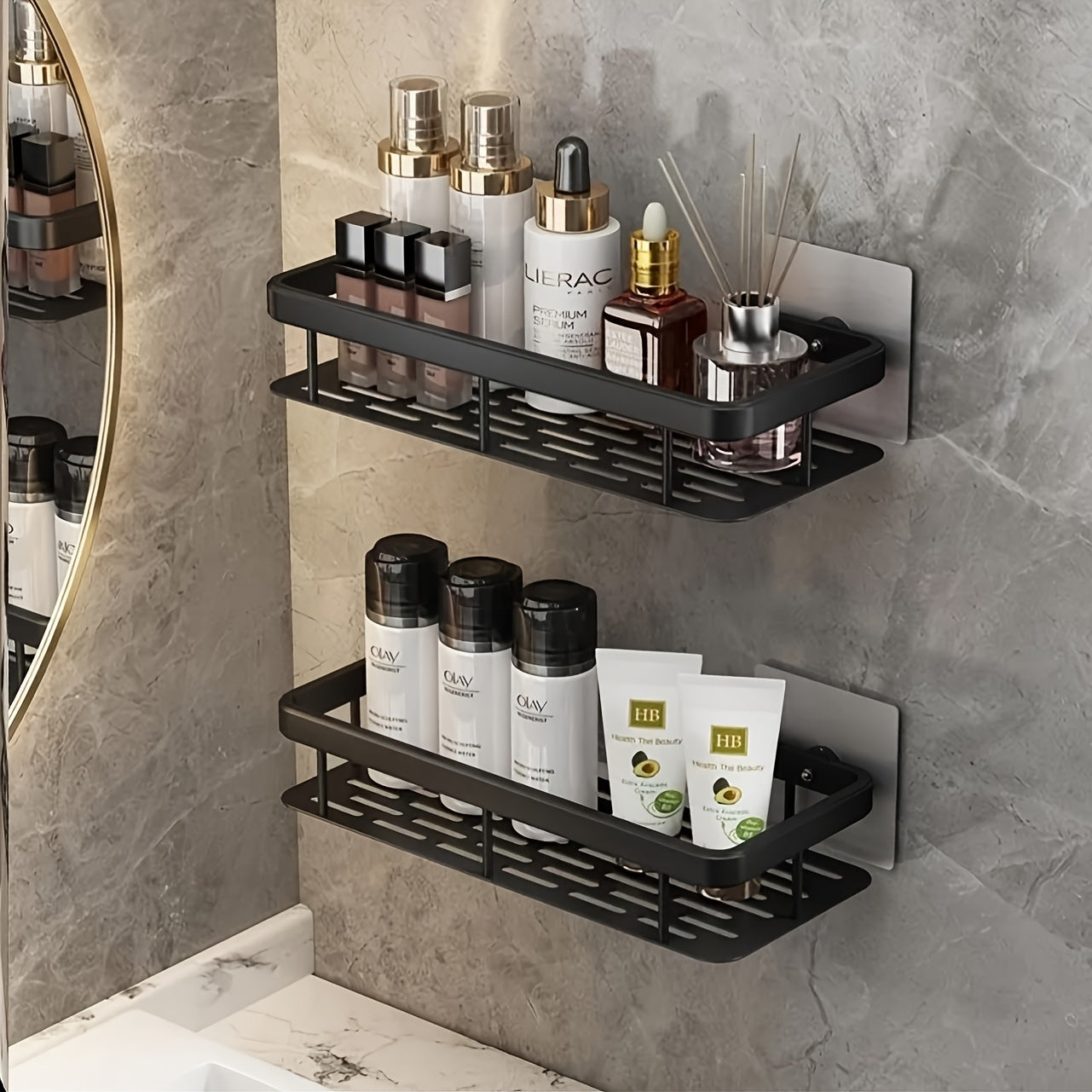 Organizador de ducha montado en la pared, gran capacidad, instalación sin taladro, estante flotante ahorrador de espacio para baño y cocina, fácil de instalar, ideal para guardar artículos de tocador, cosméticos y objetos varios