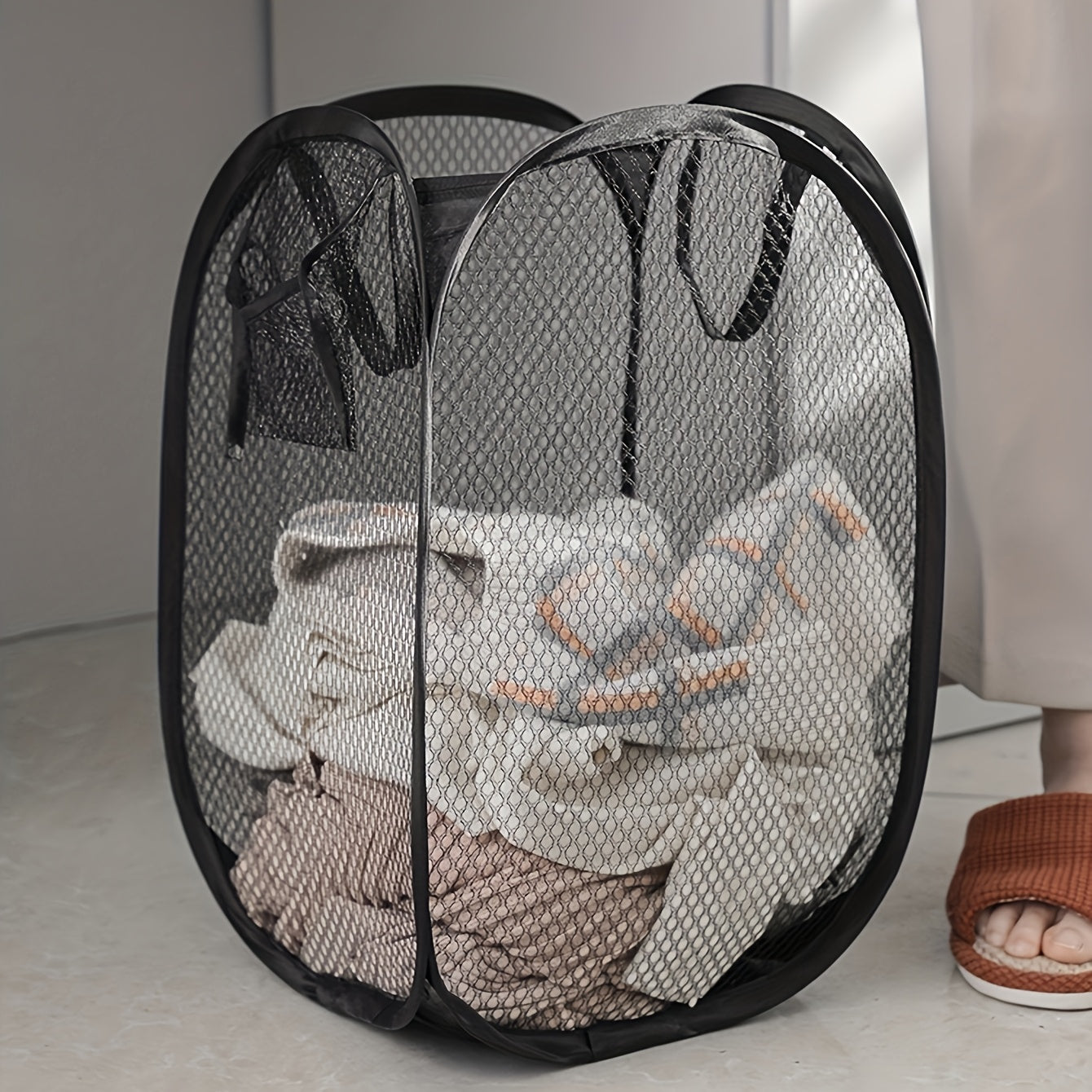 Cesta de lavandería emergente de gran capacidad con asas, cesta de lavandería de malla plegable para guardar ropa sucia, una solución práctica para el hogar, cestas de estantes