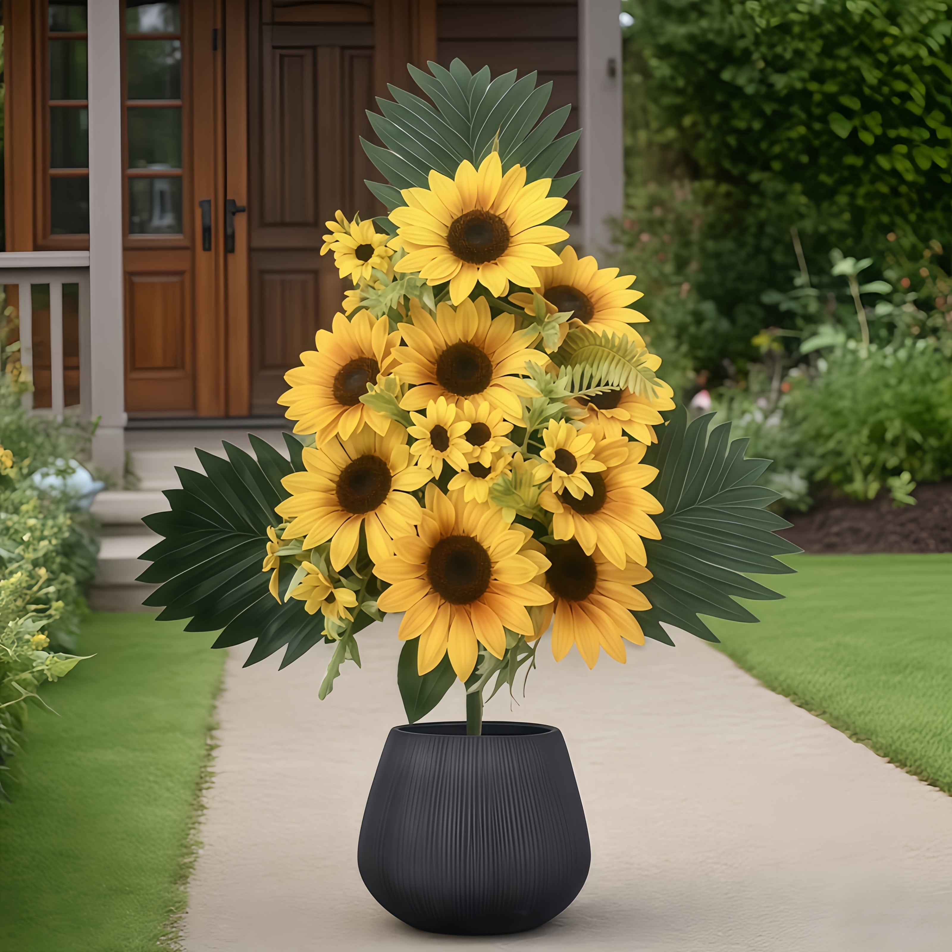 Árbol de Girasoles Artificiales de 60 cm/23.62 pulgadas con 9 Flores y 3 Hojas Grandes Realistas - Decoración de Otoño de Plástico de Alta Calidad, Resistente al Clima para Interior/Exterior, Patio o Mesa, Plantilla Duradera y Fácil Instalación
