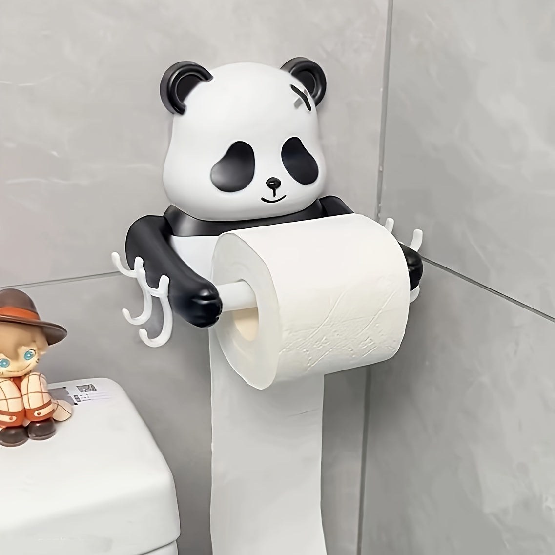 Portarrollos de Papel Higiénico con Diseño de Panda Adorable para Montaje en Pared - Autoadhesivo Sin Taladro, Decoración Duradera y Pintada para Baños y Cocinas, Accesorios y Estilo Caprichoso, Construcción Robusta, Accesorio Hogareño Divertido