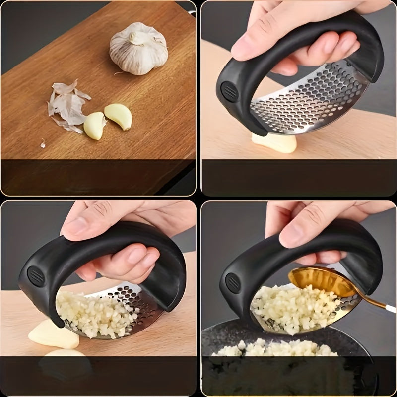 Prenta de Ajo Manuales de Acero Inoxidable con Mango Ergonómico - Herramienta de Cocina Multifuncional para Triturar Ajos, Sin Necesidad de Electricidad, Duradera y Fácil de Limpiar, Trituradora de Ajos