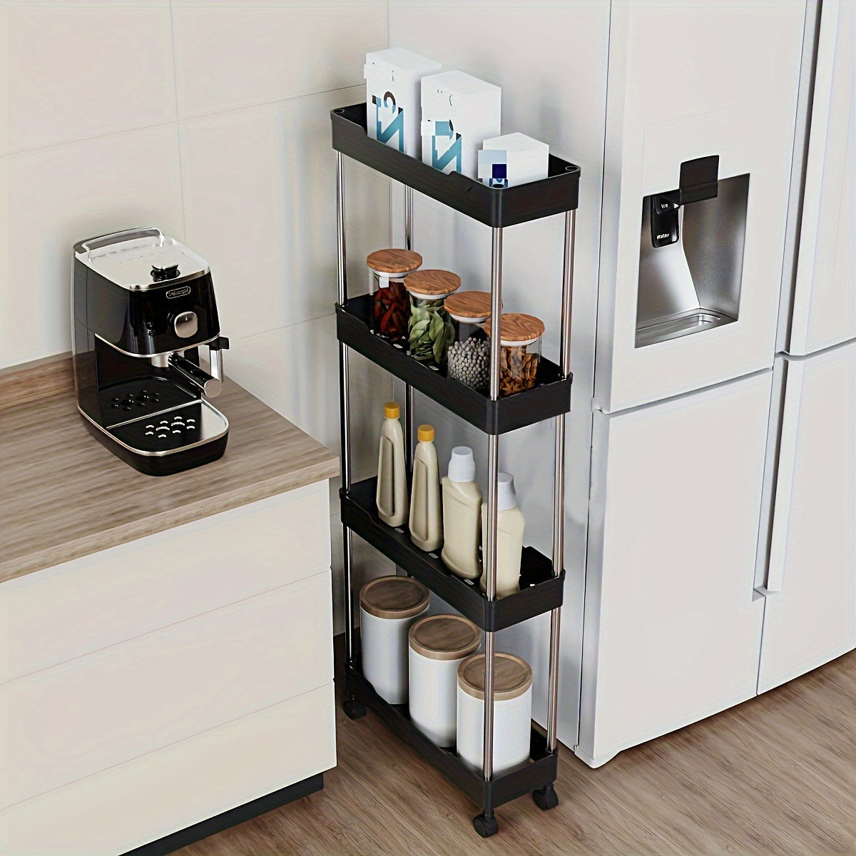 Carrito de almacenamiento rodante delgado de 3/4 niveles para baño – Estante móvil de plástico blanco con ruedas deslizantes, organizador multifuncional para espacios reducidos, ideal para organizar el baño, carrito móvil | Solución de almacenamiento mod