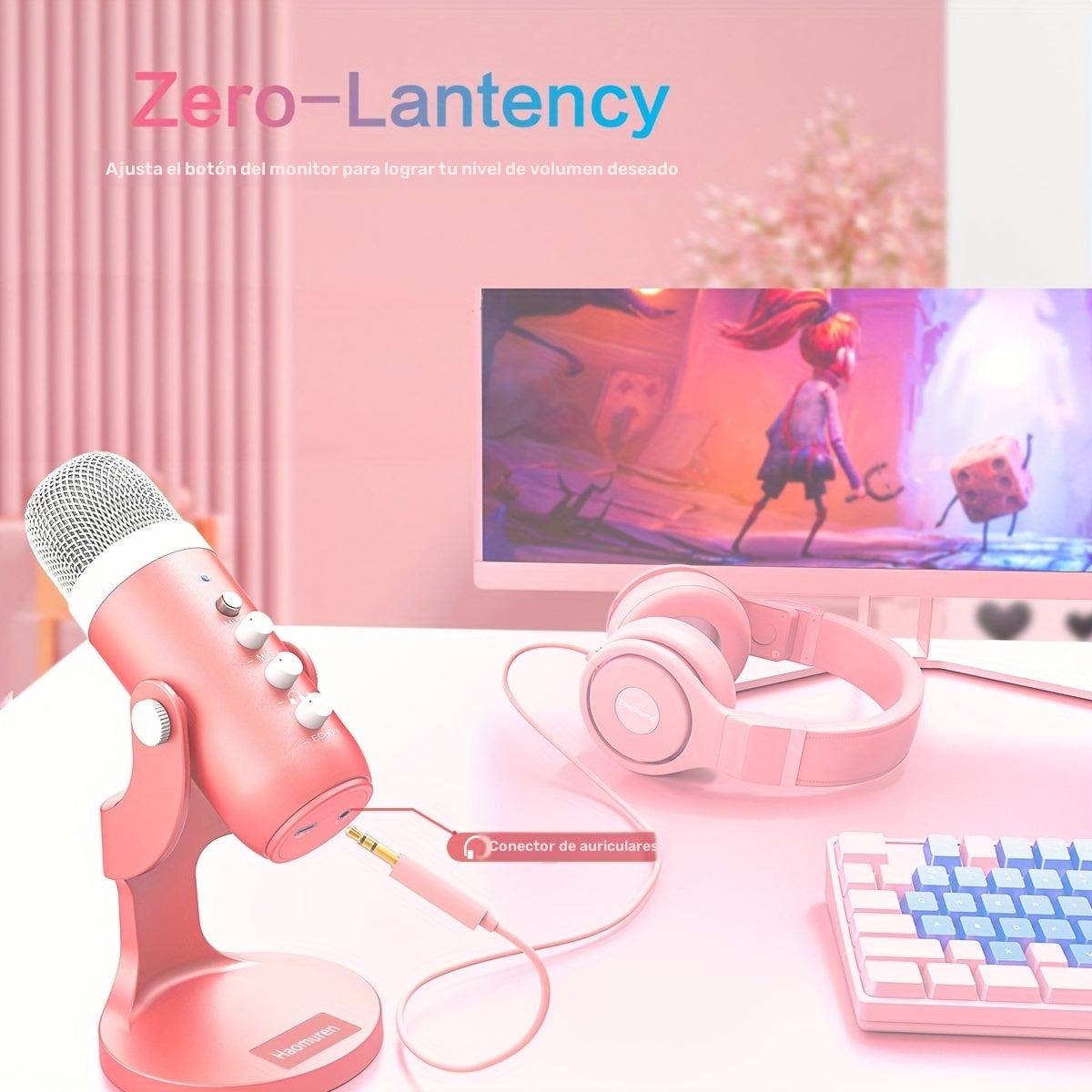 1pc Micrófono de condensador Haomuren con soporte, USB tipo C, reducción de ruido, cancelación de eco, monitor en tiempo real, control de voz para juegos, canto, videoconferencia, transmisión, podcasting - Resina ABS, alimentación USB