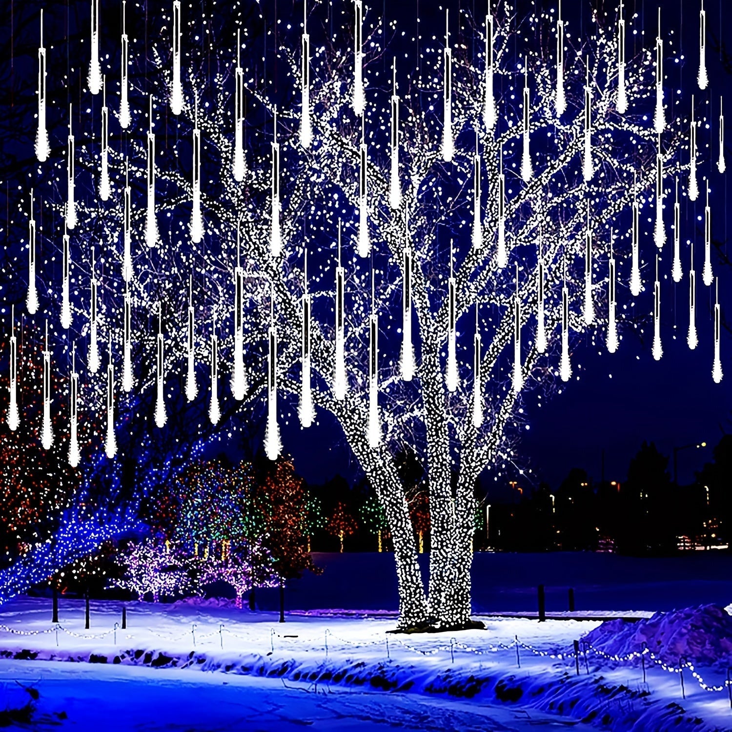 Luces navideñas con 192 LED en forma de lluvia de meteoros - 30.48 cm, para exteriores, efecto cascada multicolor, ideal para árboles, bodas y decoración navideña, enchufe UL, sin control remoto
