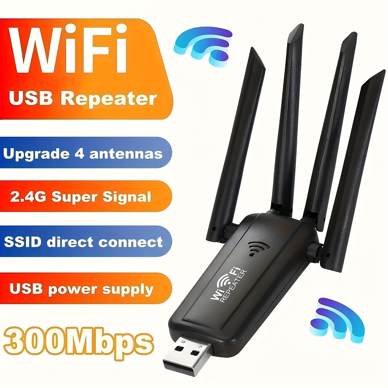 Repetidor inalámbrico USB con 4 antenas Ourlife - Antena dual, extensor de señal de largo alcance para uso doméstico, alimentado por USB, no requiere batería, fácil instalación, modo de alimentación USB, tensión de funcionamiento ≤36V