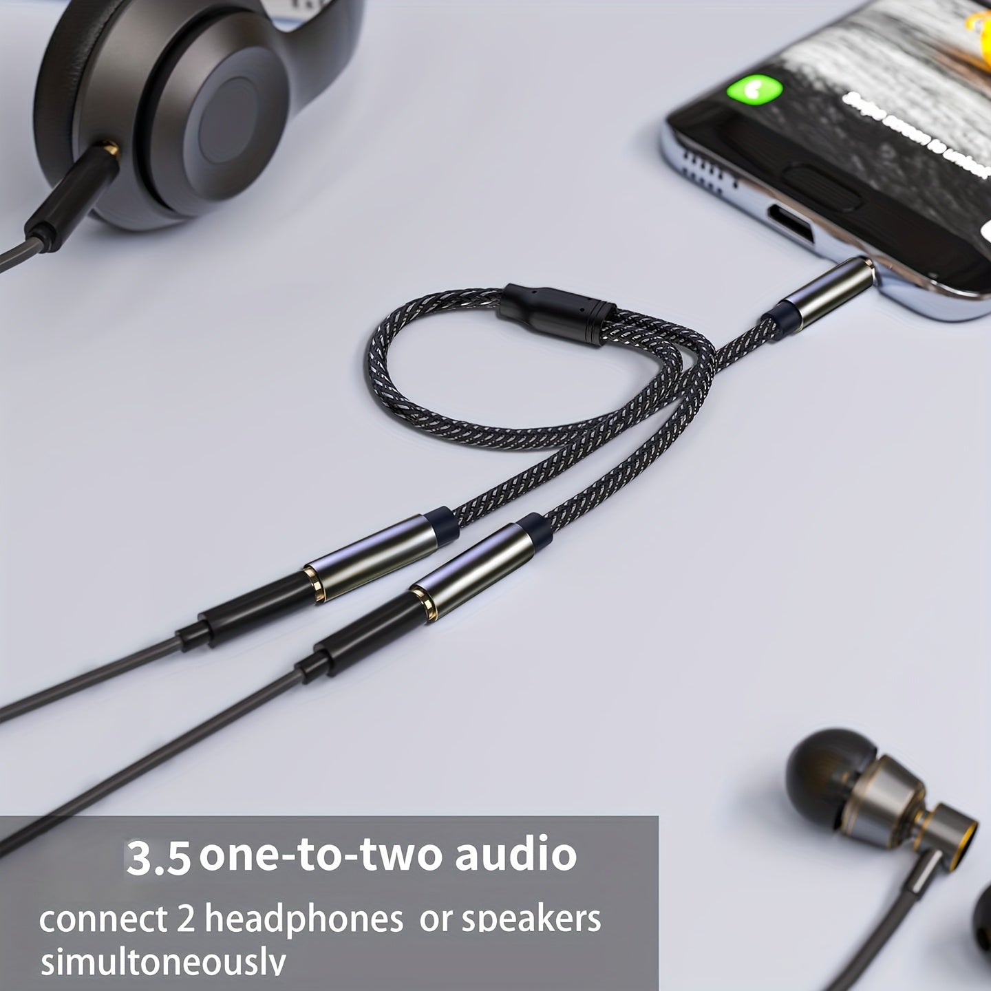 Divisor de auriculares 1 a 2, cable de extensión auxiliar estéreo de audio 3,5 mm con enchufes de auriculares dobles, compatible con auriculares para for iphone, for Samsung, for iPad y tabletas, en negro.