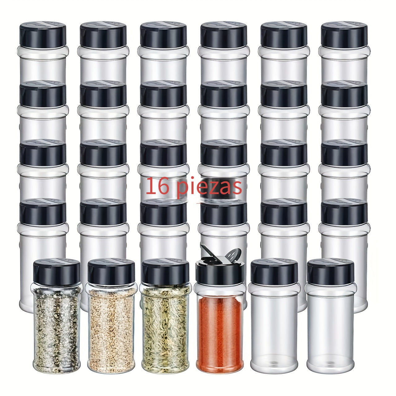 6pcs/16pcs Tarro de Especias de Plástico PET Duradero de 5oz (150ml) con Doble Tapa - Hermético, a Prueba de Fugas, Contenedor de Condimentos, Adecuado para Cocina y Barbacoa al Aire Libre