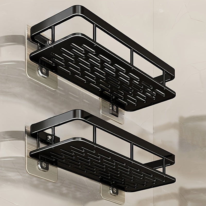 2 piezas de estantes de ducha autoadhesivos sin taladro - Soporte de almacenamiento de baño y cocina montado en la pared, aleación de aluminio duradera, acabado negro elegante, ganchos organizadores de ducha resistentes a la oxidación, adecuados para duc