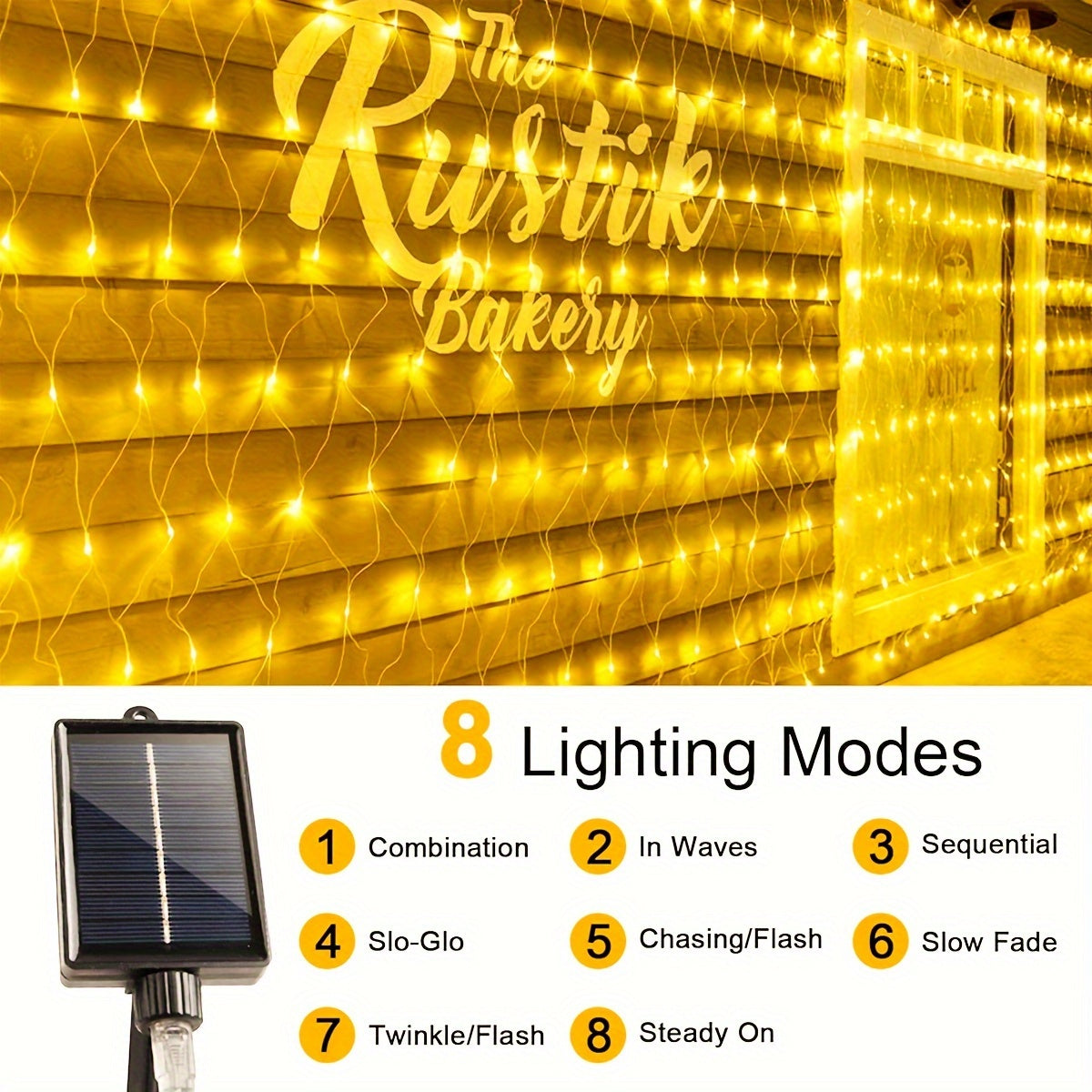 Luz de malla solar IP44 - 8 patrones, luces de cadena LED amarillas para jardín, patio, techo, balcón, árbol de Navidad, centro comercial, ideal para Halloween, Navidad, bodas y fiestas, alimentado por energía solar con batería de litio, luces de camping