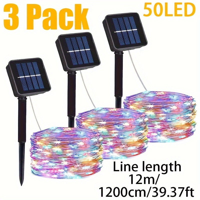 Luces solares de cadena para exteriores, paquete de 3 luces de hadas multicolores, opciones de 50/100/200/300 LED, tema espacial de Mardi Gras, control de sensor de luz, batería de níquel con energía solar, para jardín, árboles, fiestas, bodas, decoració
