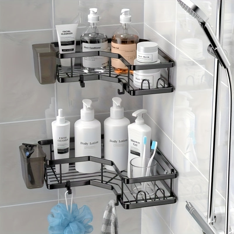 1 pieza de estante de ducha de esquina de acero inoxidable, soporte de organización montado en la pared, ganchos de almacenamiento modernos, no se requiere taladrar, adecuado para baños, dormitorios, cocinas y duchas de RV, organización y almacenamiento