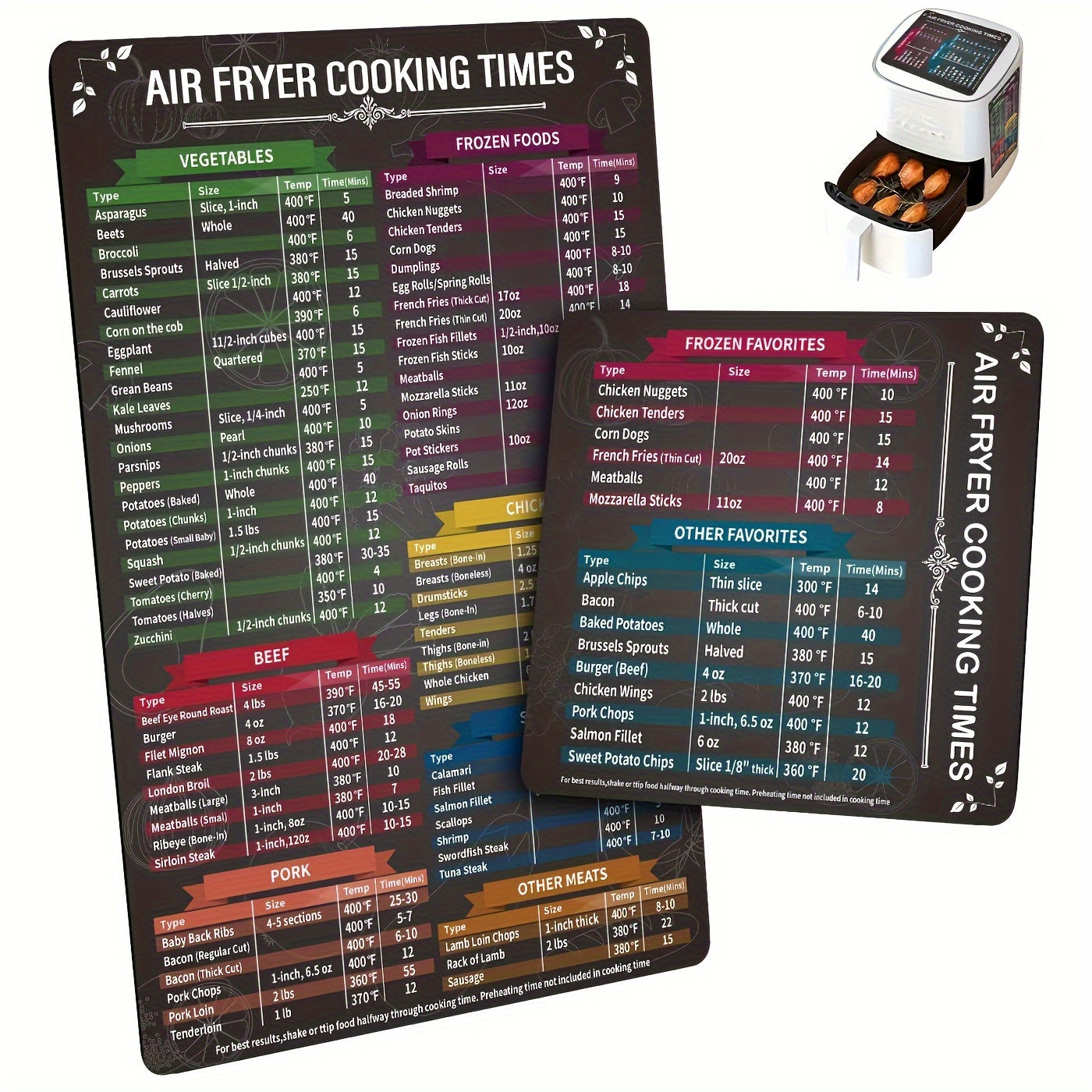 Juego de 2 hojas magnéticas para freidora de aire, accesorios para freidora de aire con tiempos de cocción, guía de referencia rápida en hoja magnética para cocinar y freír