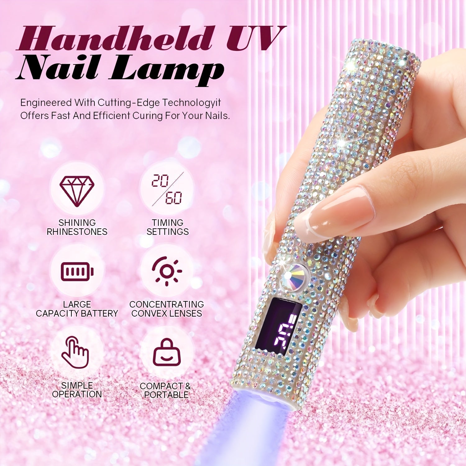 Linterna LED UV Portátil para Uñas - Secador de Esmalte en Gel de Secado Rápido, Recargable por USB con Batería de 200mAh, Diseño de Pedrería Brillante, Ideal para Manos y Pies, Regalo Perfecto para San Valentín, Secador de Uñas