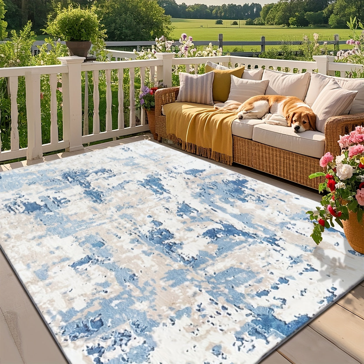ZULIDA Alfombra Vintage Azul y Blanco con Patrón Desgastado para Exteriores - Lavable en Máquina, Alfombra Rectangular de Poliéster para Patio, Sala de Estar, Dormitorio y más - Disponible en Varios Tamaños, Decoración de Patio | Estilo Vintage | Poliést