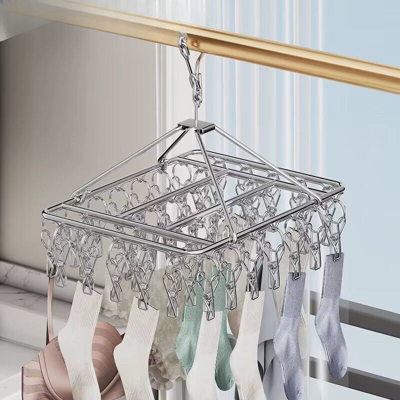 1 colgador de acero inoxidable duradero con 30/40 pinzas a prueba de viento - ideal para secar calcetines, bragas y medias navideñas, diseño ahorrador de espacio, gancho para prendas, tendedero, perfecto para hogar o tienda, mejor opción para Navidad