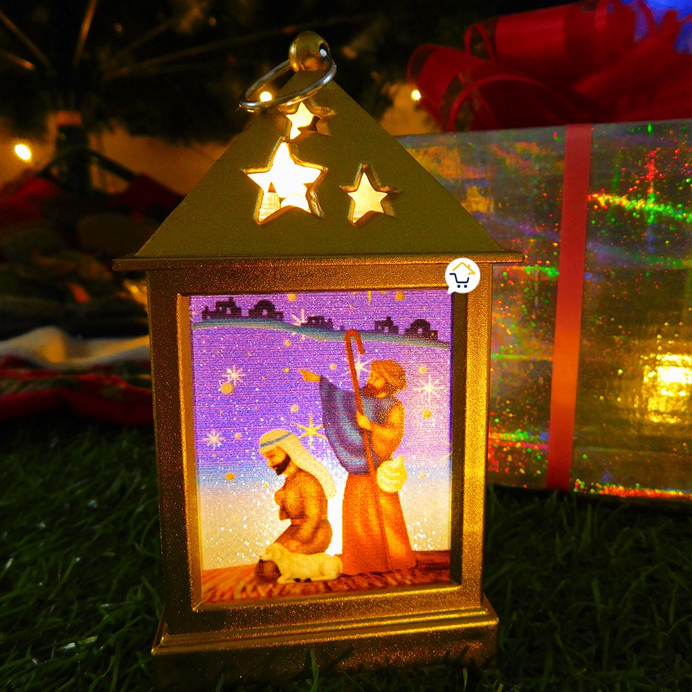 Pesebre Farol Cuadrado Vela Navideño Dorado Luz LED Navidad ZF045D