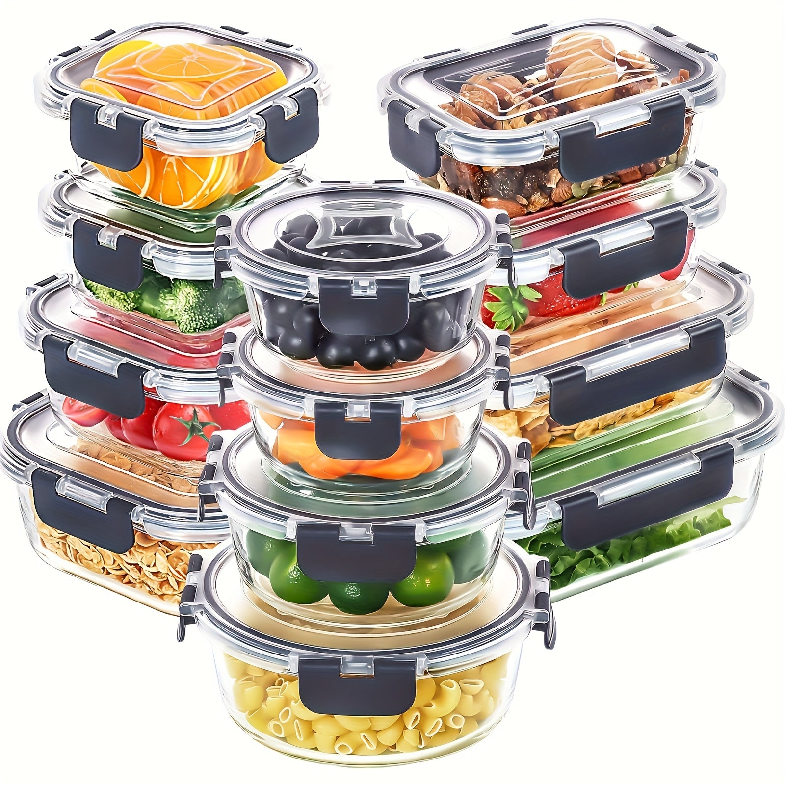 12 piezas de contenedores de almacenamiento de alimentos de vidrio con tapas - A prueba de fugas, microondas, horno y lavavajillas, cajas de almuerzo rectangulares reutilizables para preparación de comidas y organización del refrigerador.