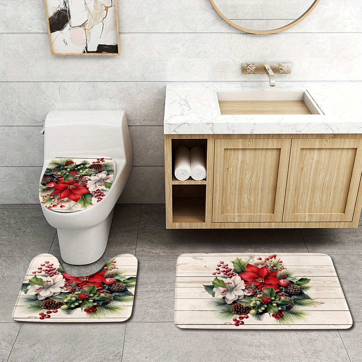 Juego de 3 Alfombras de Baño, Juego de 3 Alfombrillas de Baño para Baño, Cubierta Lavable Antideslizante para Decoración de Suelo en Cocina, Baño y Dormitorio, Incluye Alfombra de Baño, Alfombra de Contorno y Tapa de Inodoro, Alfombras de Baño Antidesliz
