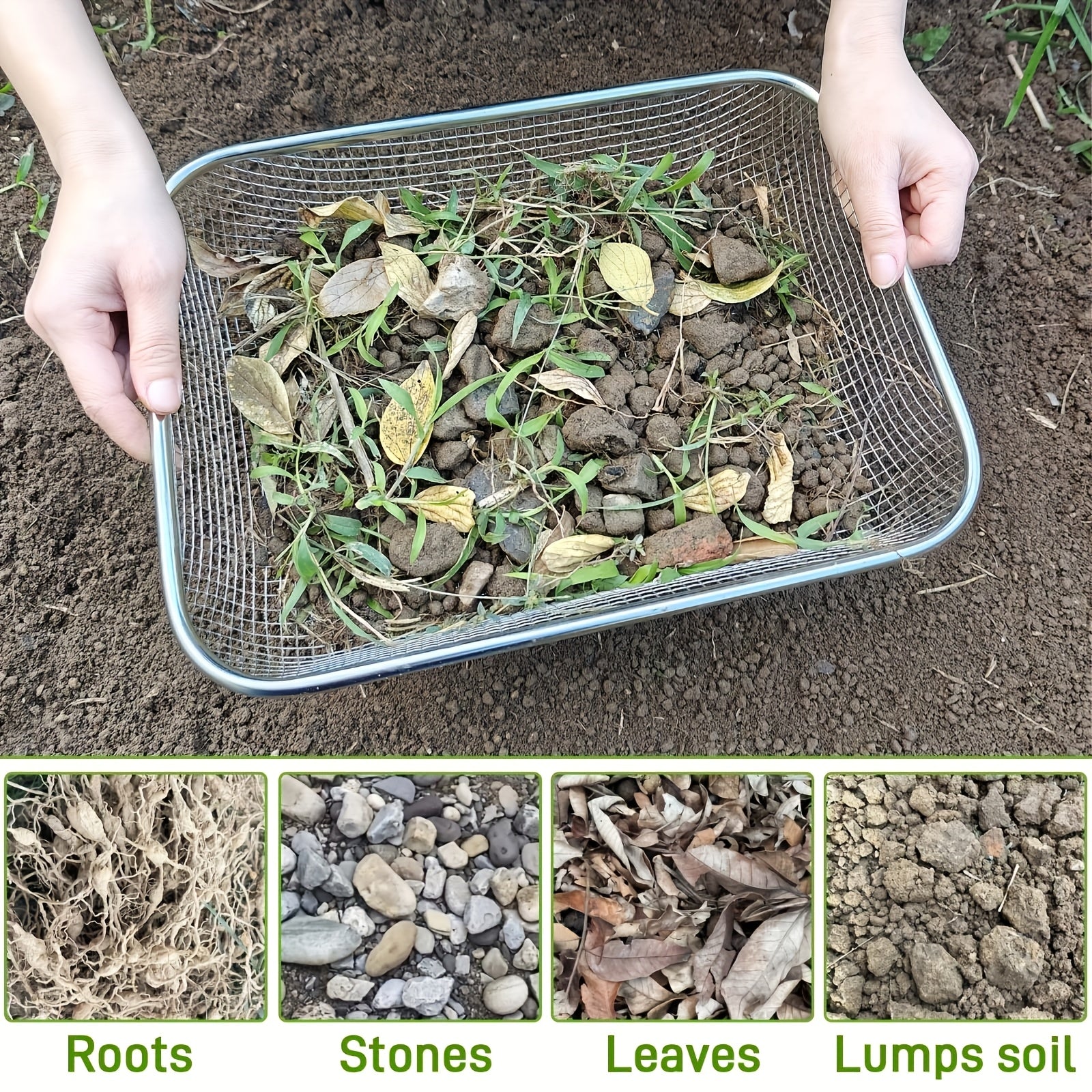 Pasador de Suelo de Acero Inoxidable Resistente - Tamiz Manual con Malla de 1/4", Anticorrosivo, Ligero y Portátil para Jardinería, Compostaje, Arena o Piedras - Ideal para Macetas Elevadas, Hogar o Cultivos Profesionales - Diseño Robusto, Durabilidad Ex