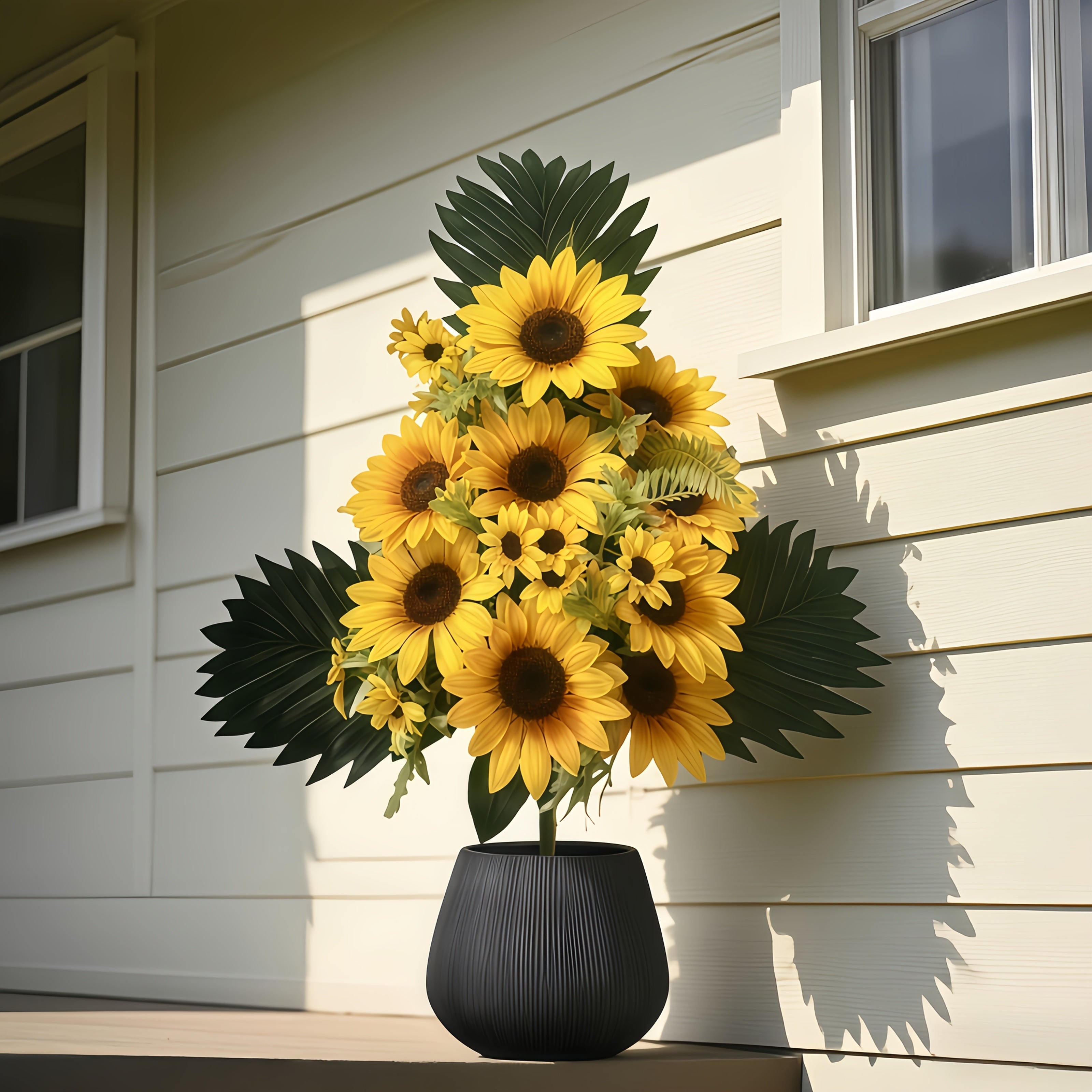 Árbol de Girasoles Artificiales de 60 cm/23.62 pulgadas con 9 Flores y 3 Hojas Grandes Realistas - Decoración de Otoño de Plástico de Alta Calidad, Resistente al Clima para Interior/Exterior, Patio o Mesa, Plantilla Duradera y Fácil Instalación