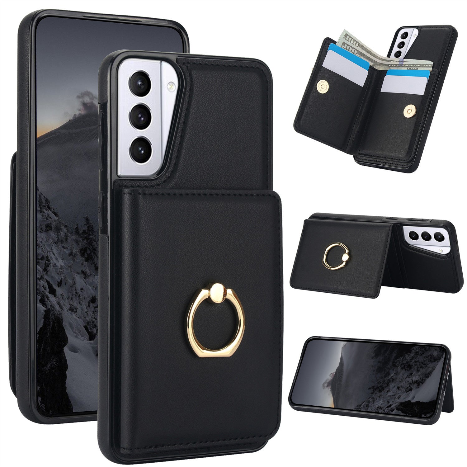 Para Galaxy S25/S24/S23/S22/S21 Ultra/S24 FE/S23 FE/S21 FE/Note 20 Ultra Funda con Tarjetero, Anillo de Rotación 360° y Cierre Magnético con Soporte Resistente
