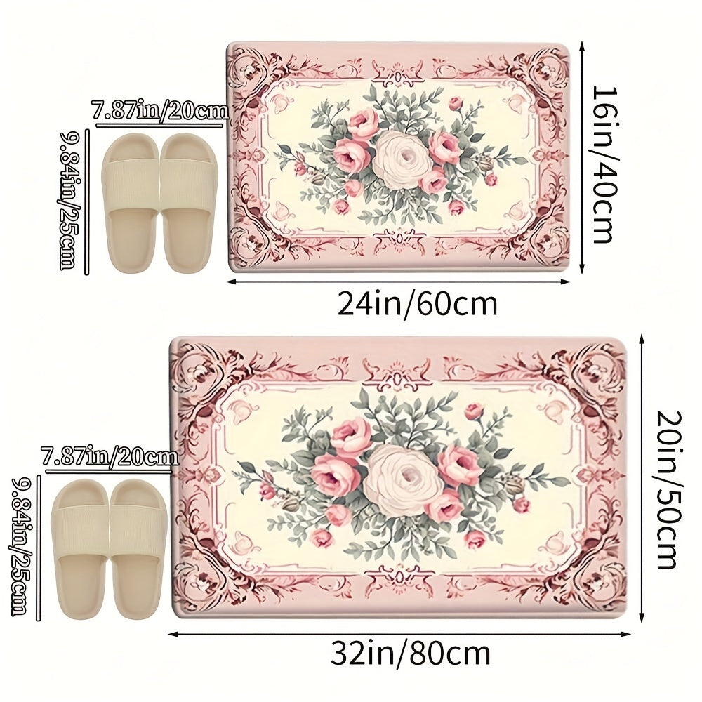 1pc Alfombra decorativa absorbente para cocina, baño y sala de estar de estilo campestre francés, lavable en máquina con respaldo de PVC antideslizante y alfombra de poliéster de 600gsm, rectangular, para entrada
