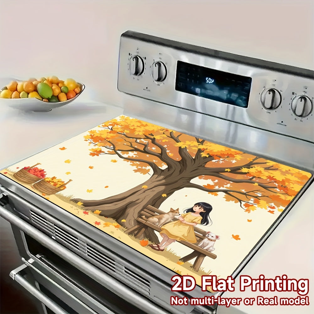1pc Cubierta para Estufa - Árbol de Otoño con Niña, Hojas Naranja-Amarillas, Protector Resistente a Arañazos y Calor, Compatible con Cocinas Eléctricas/Gas, Alfombra Decorativa Fácil de Limpiar para Hogares Modernos, Diseño 2D Plano