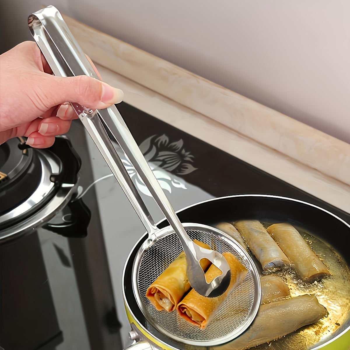 Pinza de filtrado para freír, pinza para cucharada de desagüe de alimentos, espátula de alimentos para freír de acero inoxidable, pinza de colador de cocina, herramienta de freír de acero inoxidable resistente a altas temperaturas para todas las estacion