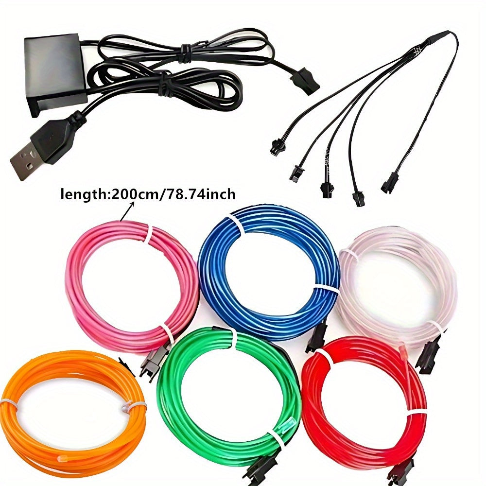 Conjunto de combinación de 6 piezas de alambre luminoso EL de 2 metros de largo, alambre de luz fría EL, cadena de luces decorativas DIY para ambiente, accesorios de baile fluorescentes, alambre fluorescente LED