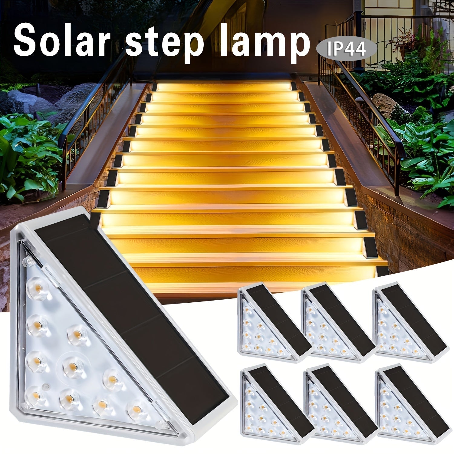 Luces de escalera triangular LED solares de 6 unidades, iluminación de escalera de madera exterior ABS, sconces de jardín cálidos/blancos, acabado pulido duradero, montaje flush, control de interruptor, no desmontable, impermeable, alimentado por energía