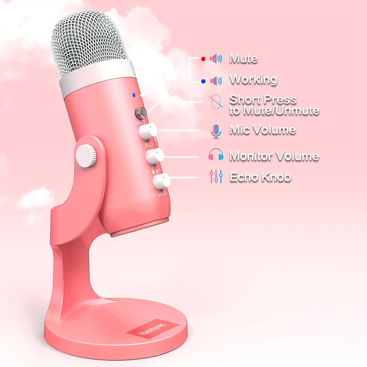 1pc Micrófono de condensador Haomuren con soporte, USB tipo C, reducción de ruido, cancelación de eco, monitor en tiempo real, control de voz para juegos, canto, videoconferencia, transmisión, podcasting - Resina ABS, alimentación USB