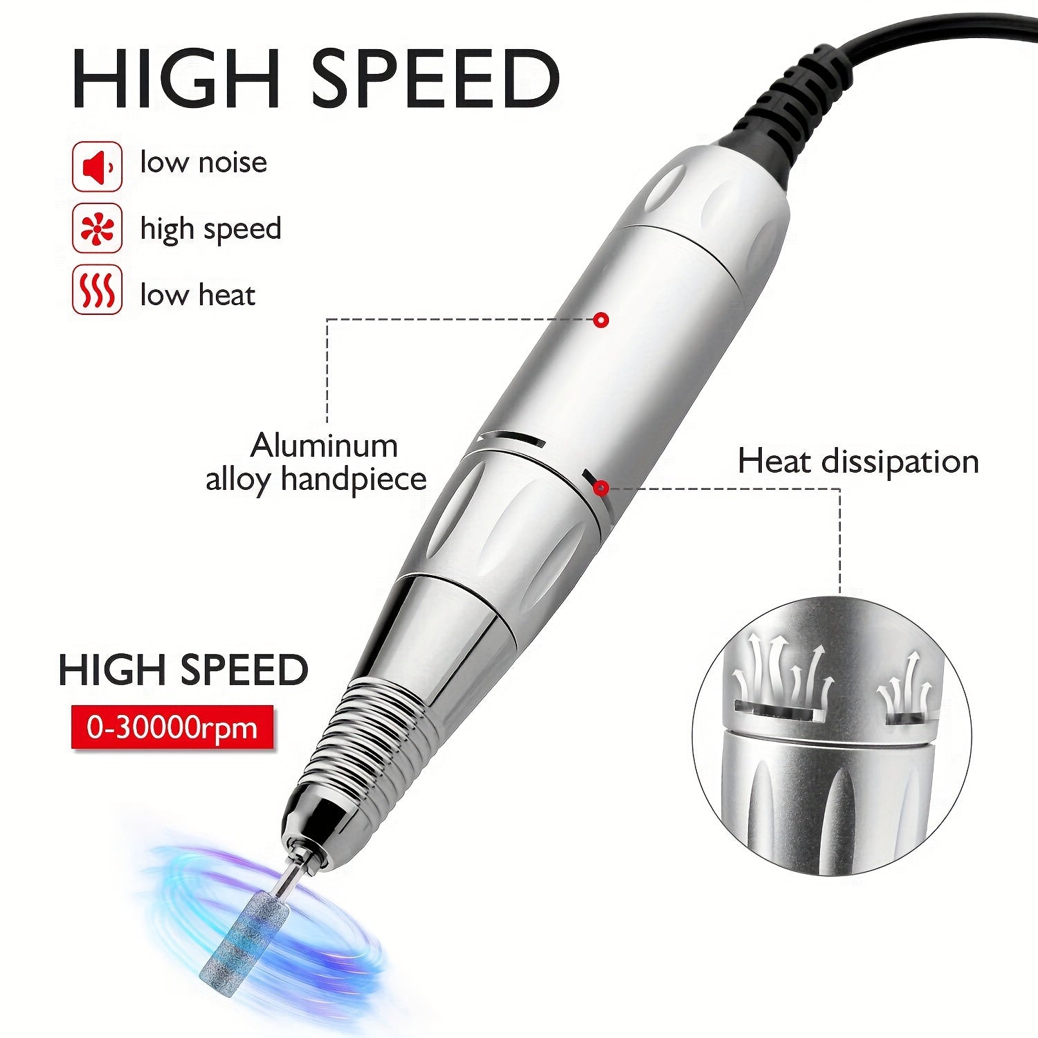Mango eléctrico profesional para taladro de uñas, 35 000 RPM, accesorio para taladro de manicura, lima, pulidora, amoladora (sin olor, alimentación de CC, 36 V o menos)