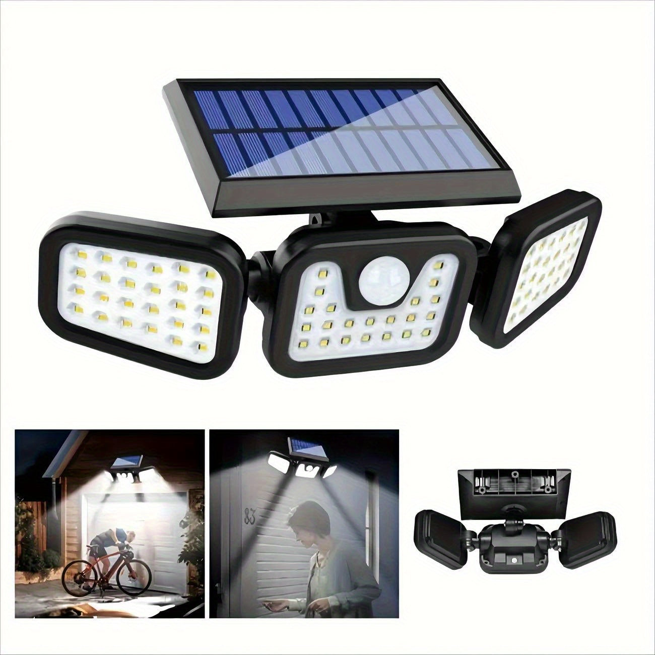Luz solar de pared con 3 cabezas y 74 LED, ajustable, con sensor de movimiento, IPX4, para exteriores, hogar, jardín, patio, energía solar con batería, luces solares para exteriores, iluminación de patio, iluminación moderna, iluminación duradera.