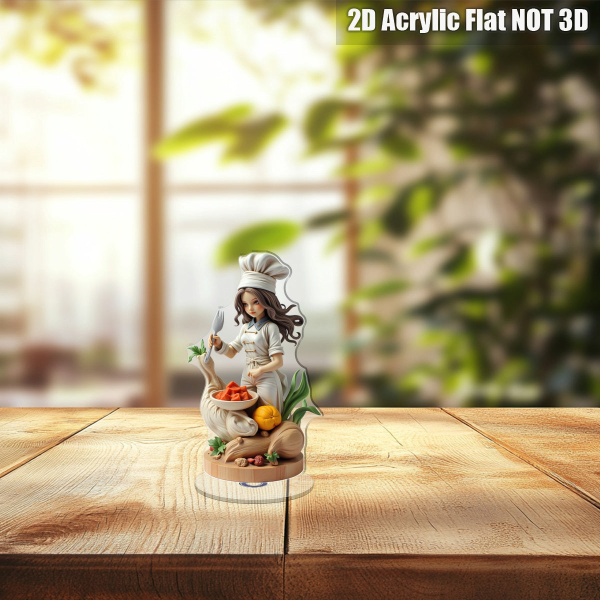 Decoración de chef femenina en cristal plano 2D - Adorno giratorio para mesa con tenedor y cuenco de ingredientes, ideal para decoración de cocina o regalo temático de cocinero | Diseño optimista y detallado, 2D plano