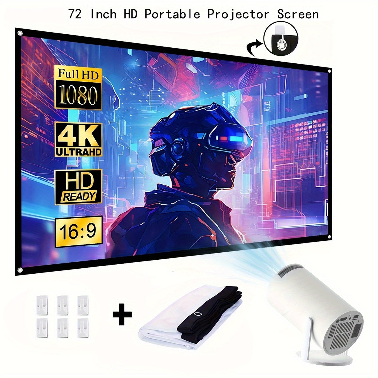 Proyector Portátil de 72 Pulgadas - Pantalla Plegable HD 4K 16:9 con Tela Antiarrugas, Soportes en Esquinas y Cuerda Negra para Cine en Casa, Fiestas o Aula