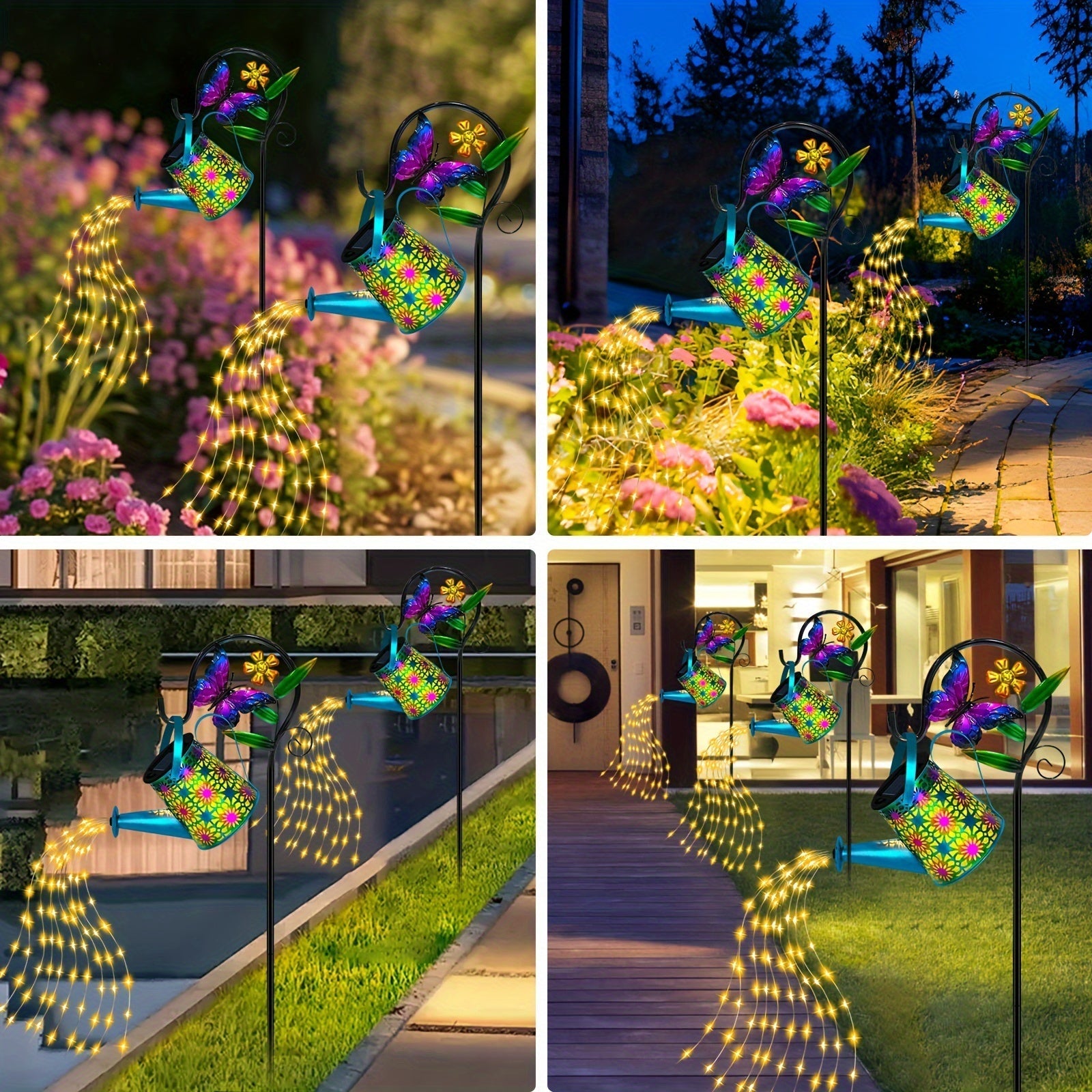 Gran regadera de mariposas y farol solar con decoración de jardín - Colgante de metal vibrante con gancho de mariposa, luces LED, ideal para caminos exteriores, patios y decoración de césped, decoración de caminos de jardín | Decoración de jardín vibrant