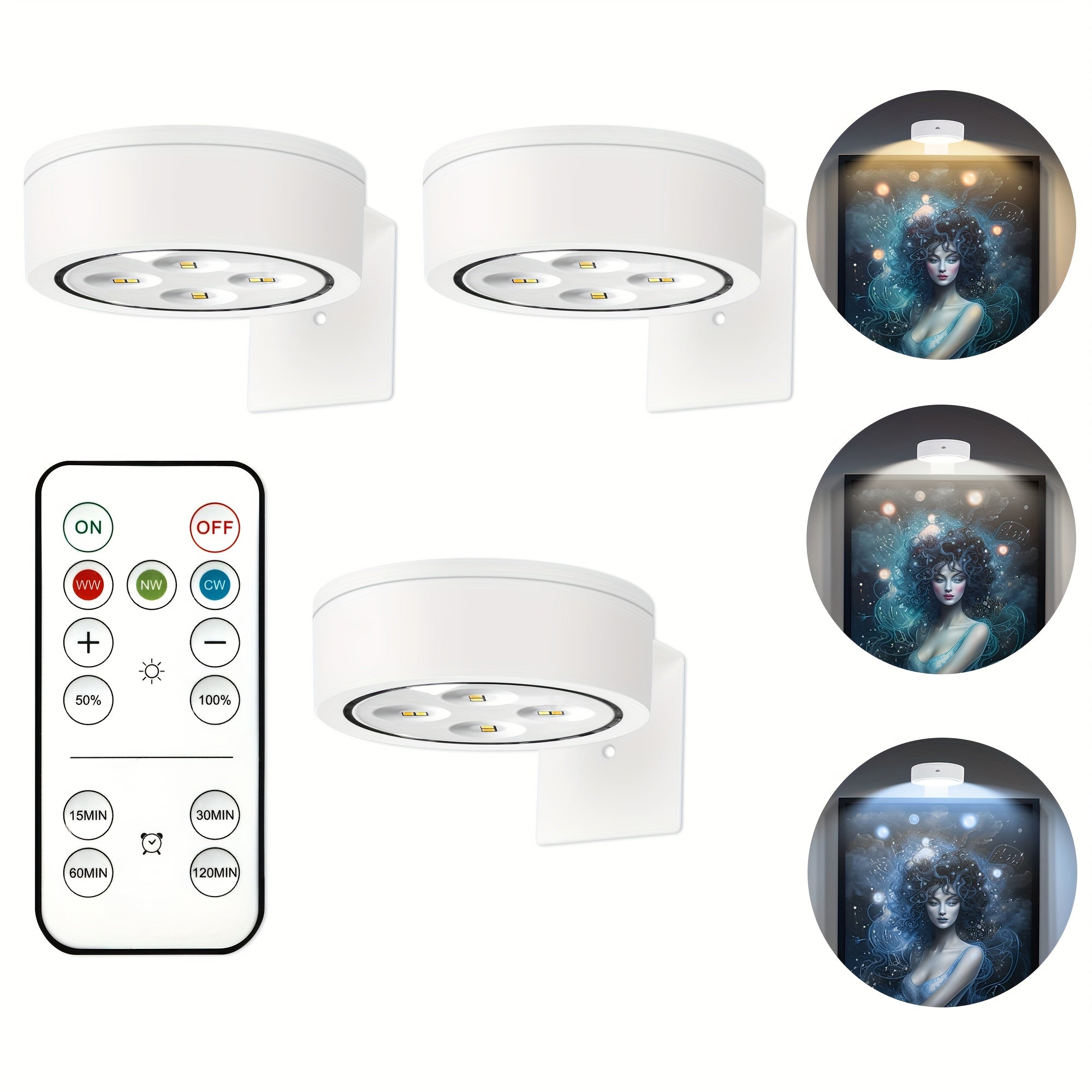 3 unidades de luces de imagen inalámbricas VILSOM LED, con batería y control remoto, regulables y temporizadas, 3 modos de luces de exhibición de arte para retratos y decoración de pared, montaje semibrillo, ajustable, acabado pulido, plástico, alimentad