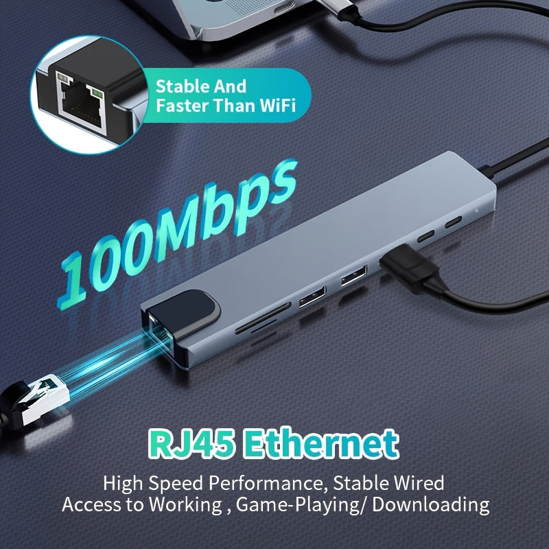 Conector USB C 8 en 1, adaptador de TV HD 4K 30Hz de tipo C con USB-C, carga PD100W, transferencia de datos RJ45, USB 3.0, lector de tarjetas SD/TF, 4K UHD, ratón, teclado, unidad USB, impresora, etc. - Compacto y portátil