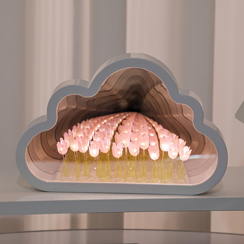 Lámpara de noche LED con espejo en forma de tulipán y nube, hecha a mano – Mar de flores multicolor con brillo ajustable, funciona con baterías, ideal para decoración de dormitorio o sala, regalo perfecto para Navidad, Día de San Valentín o cumpleaños