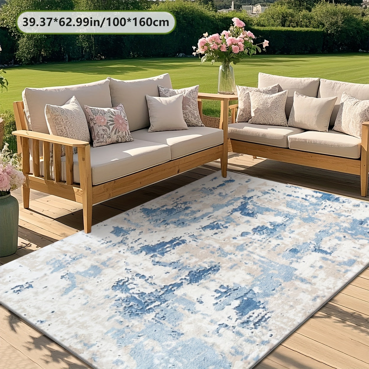 ZULIDA Alfombra Vintage Azul y Blanco con Patrón Desgastado para Exteriores - Lavable en Máquina, Alfombra Rectangular de Poliéster para Patio, Sala de Estar, Dormitorio y más - Disponible en Varios Tamaños, Decoración de Patio | Estilo Vintage | Poliést