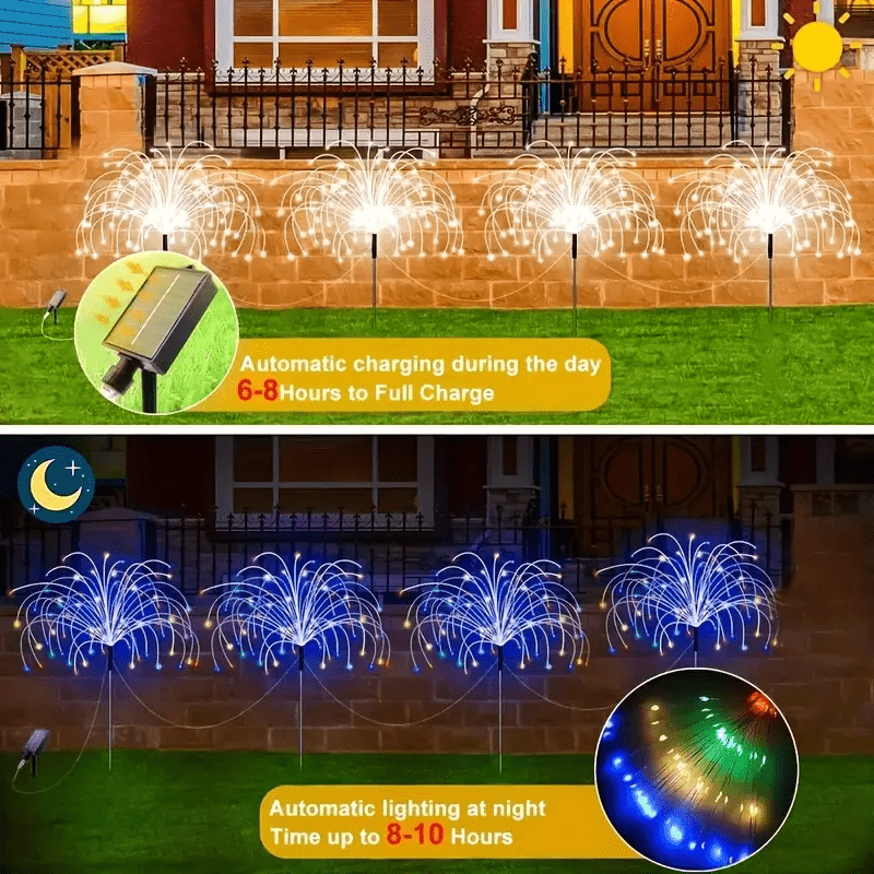 4 luces solares para jardín tipo fuegos artificiales, 320/240 LED para exteriores con 8 modos de parpadeo ajustables, iluminación decorativa cálida/blanca y colorida para patio, jardín, terraza (carga solar, montaje semiempotrado, pantalla de plástico, c