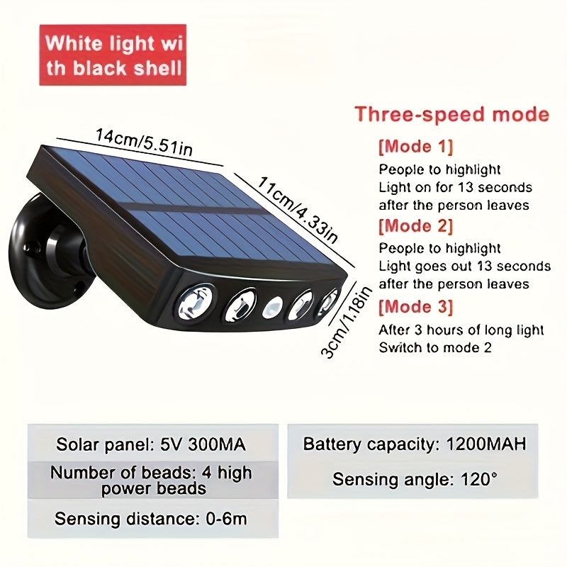 1 pza. de luces solares LED para exteriores con sensor de movimiento, 4 luces LED potentes para seguridad solar, decoración exterior, sensor de movimiento, 3 modos, lámpara de calle con batería de litio 18650 integrada, luz nocturna para pared, jardín