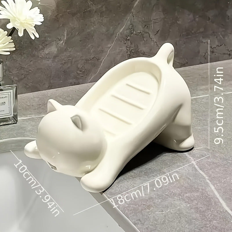 Porta jabón divertido con diseño de gato animado, color blanco y rosa brillante, con drenaje, soporte plástico decorativo para baño, ideal para guardar jabón y esponjas, accesorios para baño, diseño juguetón, acabado brillante