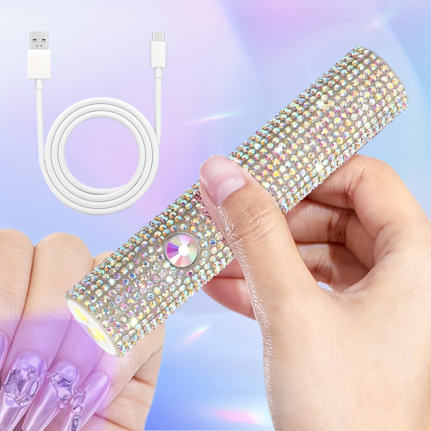 Lámpara de esmalte de uñas miniatura portátil con diamantes de imitación brillantes - Luz de manicura portátil, recargable por USB, batería incorporada, regalo perfecto para mujeres en vacaciones y cumpleaños, suministros de arte de uñas