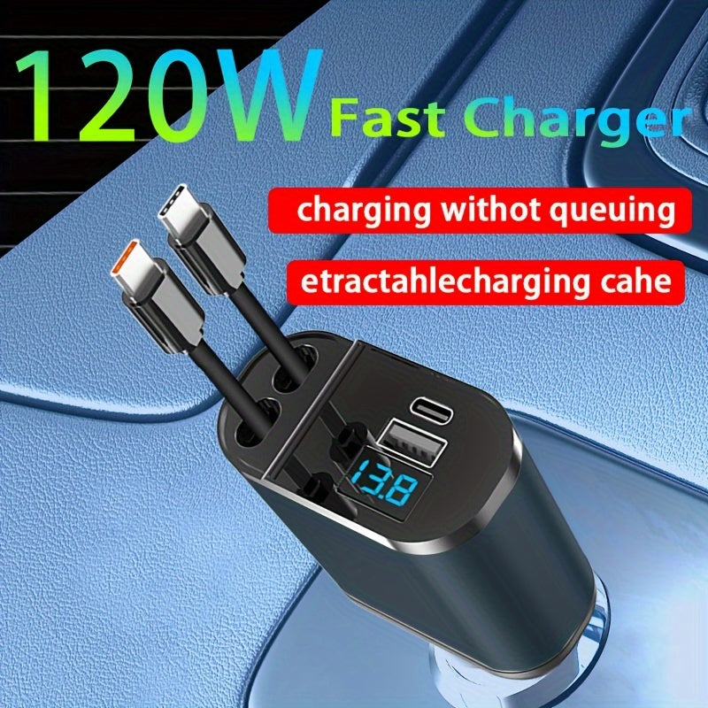 Cargador de coche retráctil rápido de 120 W con 2 cables USB tipo C - Enchufe universal, no necesita batería, salida de 13,8 V, solución de carga para coche | Cargador compacto | Cable retráctil, adaptador de cargador de coche