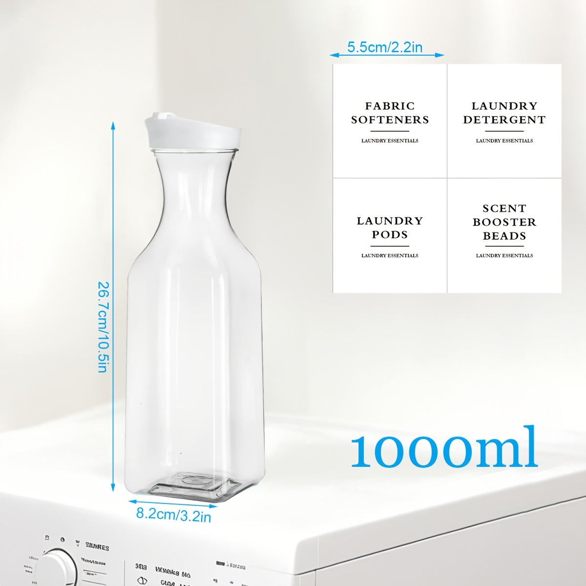 1pieza Dispensador de Loción, Dispensador Cuadrado de 1000Ml, Dispensador de Detergente para Lavandería, Dispensador de Suavizante de Plástico, Contenedor Líquido para Lavandería, Cans de Refuerzo de Aroma con 4 etiquetas, Organizador de Lavandería